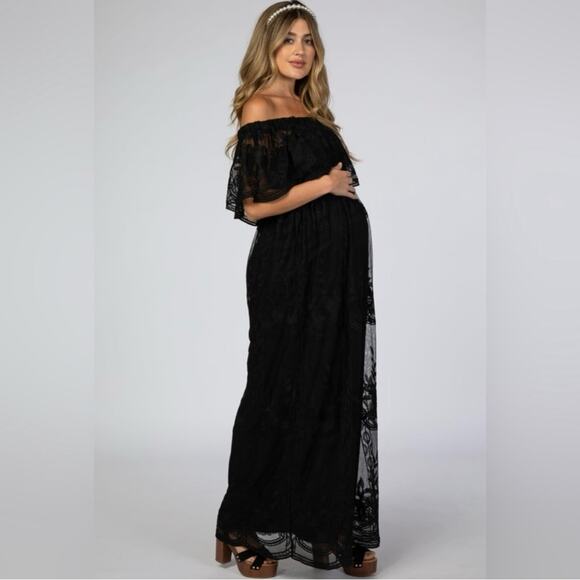 PinkBlush Off Shoulder Lace Overlay Maxi Black Dress Size S - Picture 15 of 16
